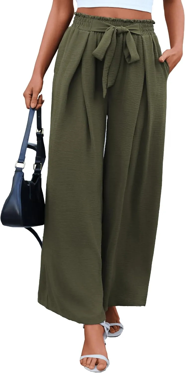 Women's High Waist Wide Leg Long Palazzo Pants Front Knot Tie Elastic Trousers with Pockets Lounge Business Work Pants