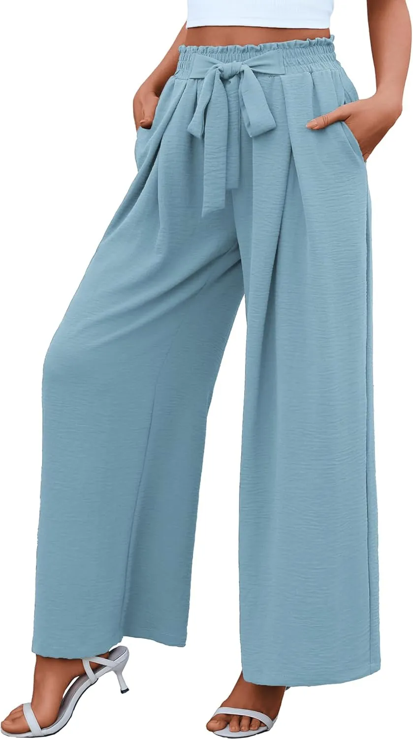 Women's High Waist Wide Leg Long Palazzo Pants Front Knot Tie Elastic Trousers with Pockets Lounge Business Work Pants