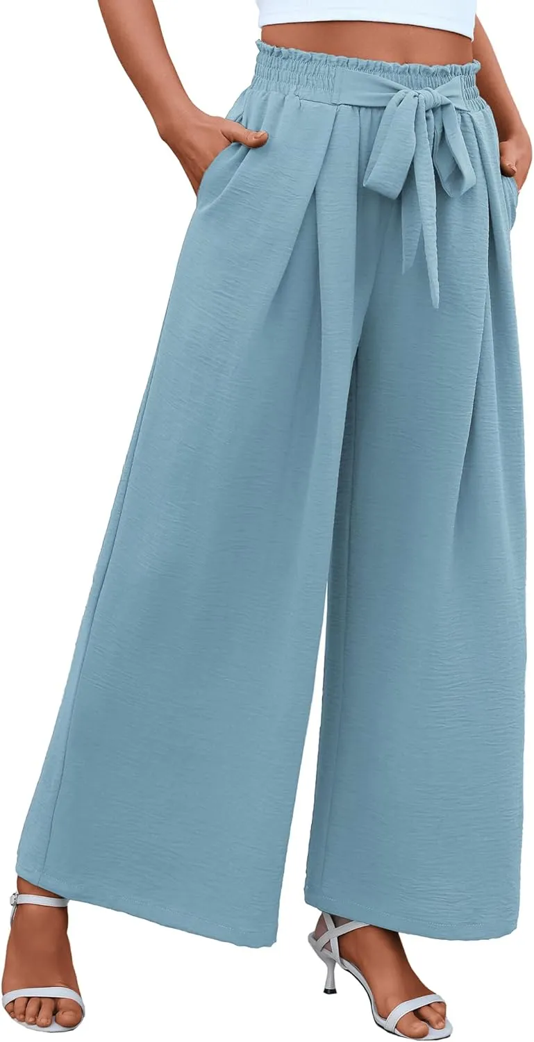 Women's High Waist Wide Leg Long Palazzo Pants Front Knot Tie Elastic Trousers with Pockets Lounge Business Work Pants