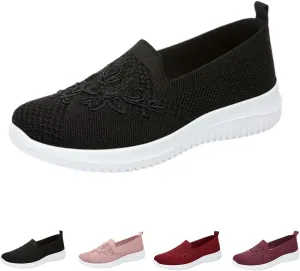 Women's Knitted Embroidery Casual Walking Sneakers,Flower Embroidery Slip On Mesh Breathable Flat MoM Shoes