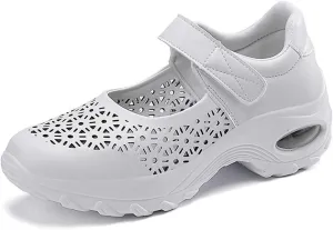 Women's Leather Hollow Platform Wedge Mary Jane Shoes Comfort Orthopedic Arch Support Stretch Air Cushion Casual Walking Shoes with Adjustable Hook Loop