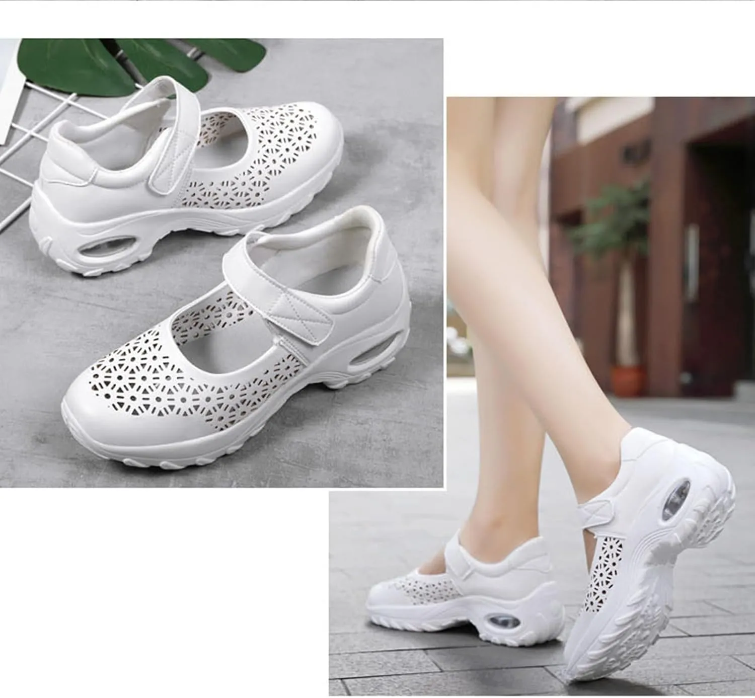 Women's Leather Hollow Platform Wedge Mary Jane Shoes Comfort Orthopedic Arch Support Stretch Air Cushion Casual Walking Shoes with Adjustable Hook Loop