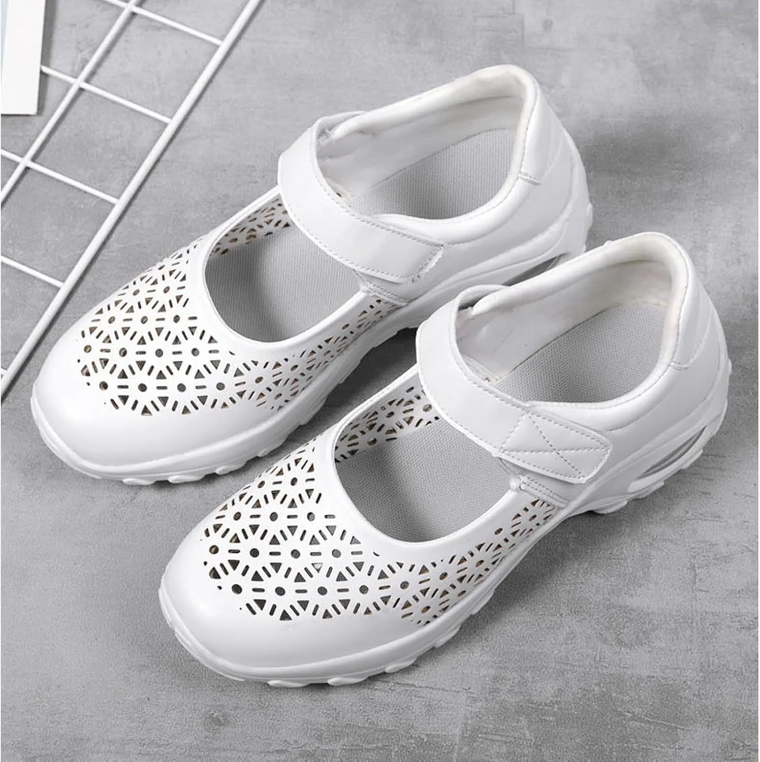 Women's Leather Hollow Platform Wedge Mary Jane Shoes Comfort Orthopedic Arch Support Stretch Air Cushion Casual Walking Shoes with Adjustable Hook Loop