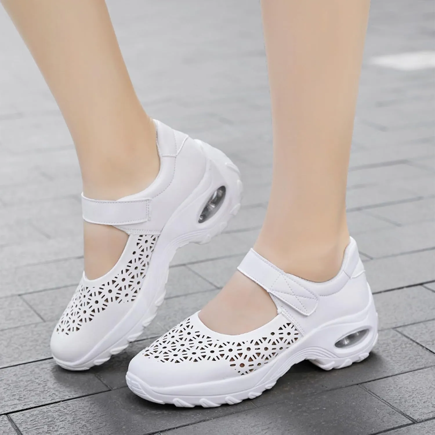 Women's Leather Hollow Platform Wedge Mary Jane Shoes Comfort Orthopedic Arch Support Stretch Air Cushion Casual Walking Shoes with Adjustable Hook Loop