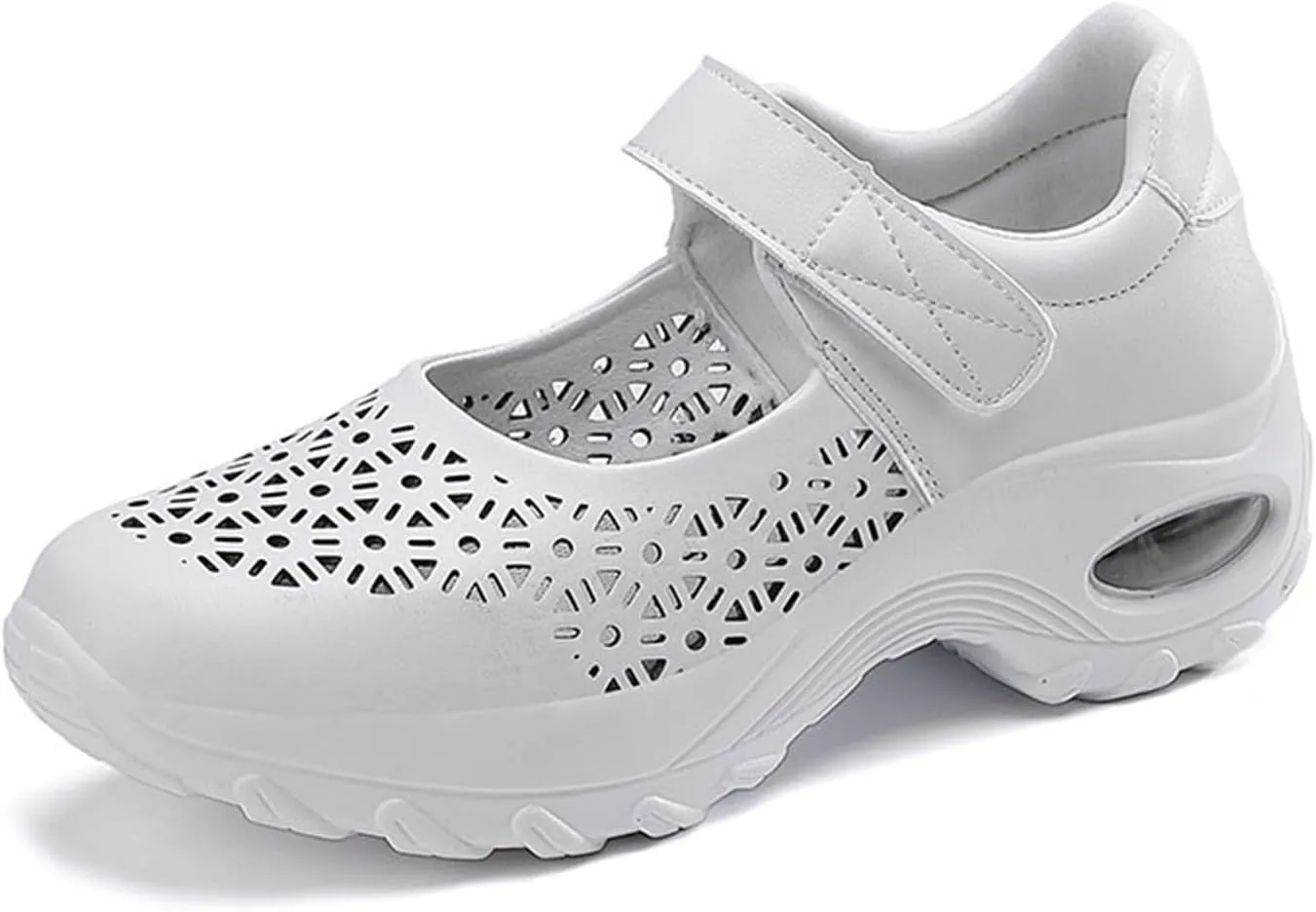 Women's Leather Hollow Platform Wedge Mary Jane Shoes Comfort Orthopedic Arch Support Stretch Air Cushion Casual Walking Shoes with Adjustable Hook Loop
