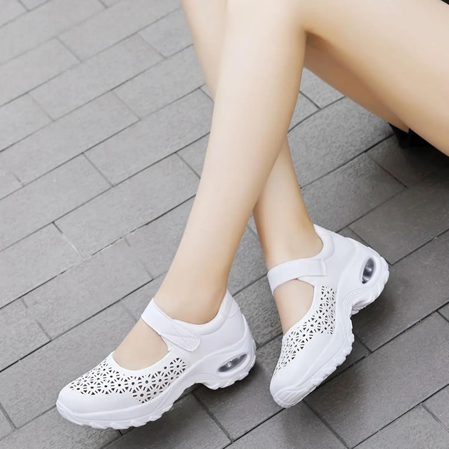 Women's Leather Hollow Platform Wedge Mary Jane Shoes Comfort Orthopedic Arch Support Stretch Air Cushion Casual Walking Shoes with Adjustable Hook Loop
