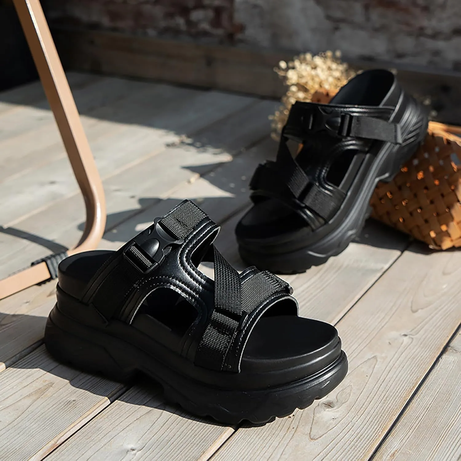 Women's Leather Round Open Toe Adjustable Buckle Platform Slide Sandals Fashion Slip-On Comfort Chunky Wedge Arch Support Sandals Summer Casual Non-Slip Walking Beach Slippers