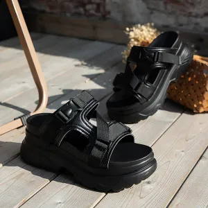 Women's Leather Round Open Toe Adjustable Buckle Platform Slide Sandals Fashion Slip-On Comfort Chunky Wedge Arch Support Sandals Summer Casual Non-Slip Walking Beach Slippers