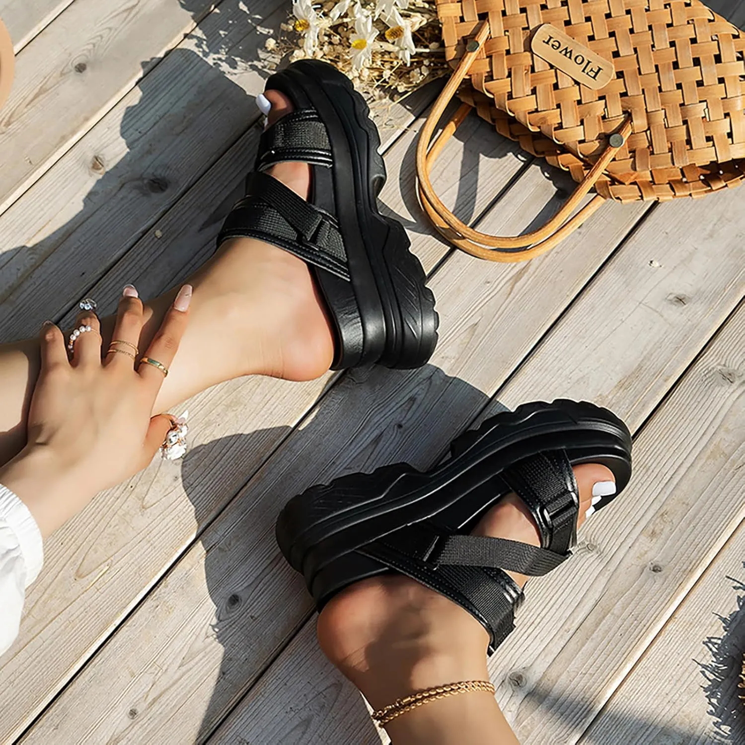 Women's Leather Round Open Toe Adjustable Buckle Platform Slide Sandals Fashion Slip-On Comfort Chunky Wedge Arch Support Sandals Summer Casual Non-Slip Walking Beach Slippers