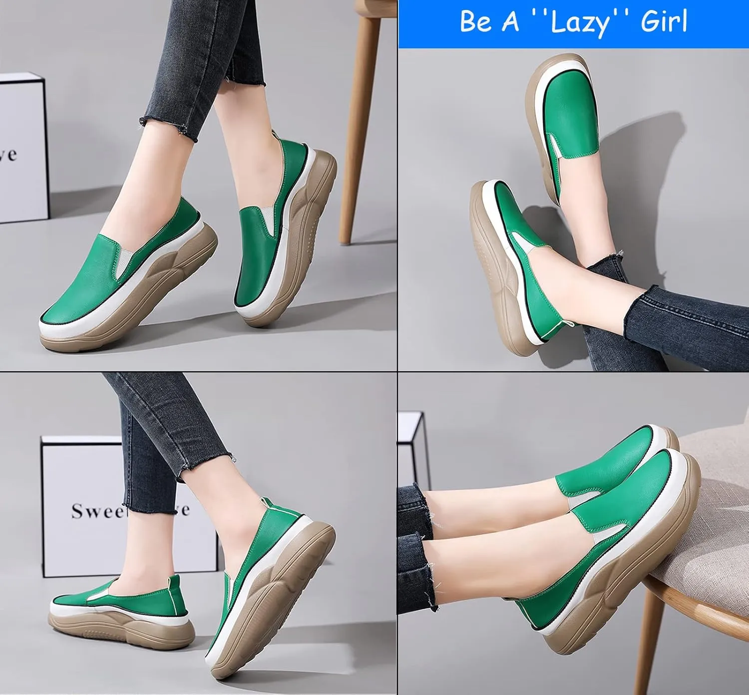 Women's Leather Soft Slip-On Loafers,Round Toe Platform Casual Sneakers,Non-Slip Heighten Low Top Comfortable Walking Loafers