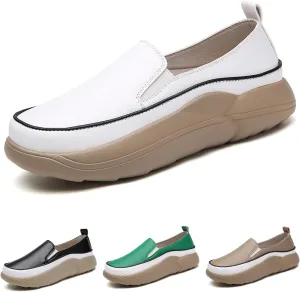 Women's Leather Soft Slip-On Loafers,Round Toe Platform Casual Sneakers,Non-Slip Heighten Low Top Comfortable Walking Loafers