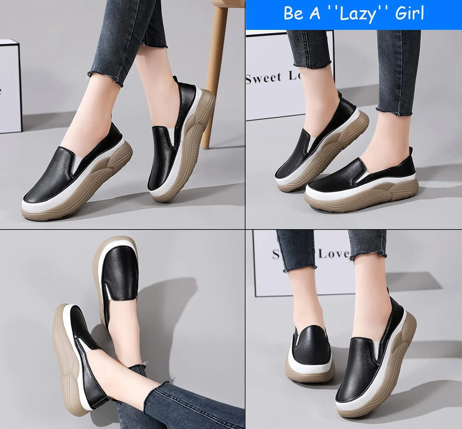 Women's Leather Soft Slip-On Loafers,Round Toe Platform Casual Sneakers,Non-Slip Heighten Low Top Comfortable Walking Loafers