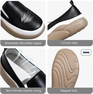 Women's Leather Soft Slip-On Loafers,Round Toe Platform Casual Sneakers,Non-Slip Heighten Low Top Comfortable Walking Loafers