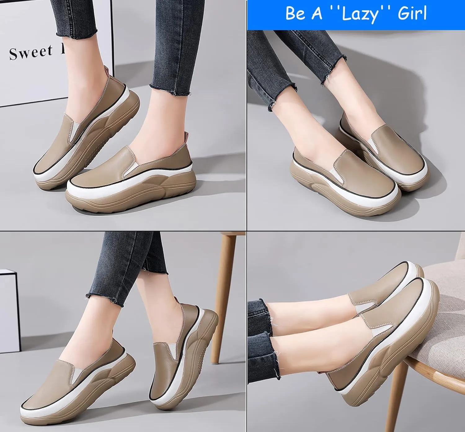Women's Leather Soft Slip-On Loafers,Round Toe Platform Casual Sneakers,Non-Slip Heighten Low Top Comfortable Walking Loafers