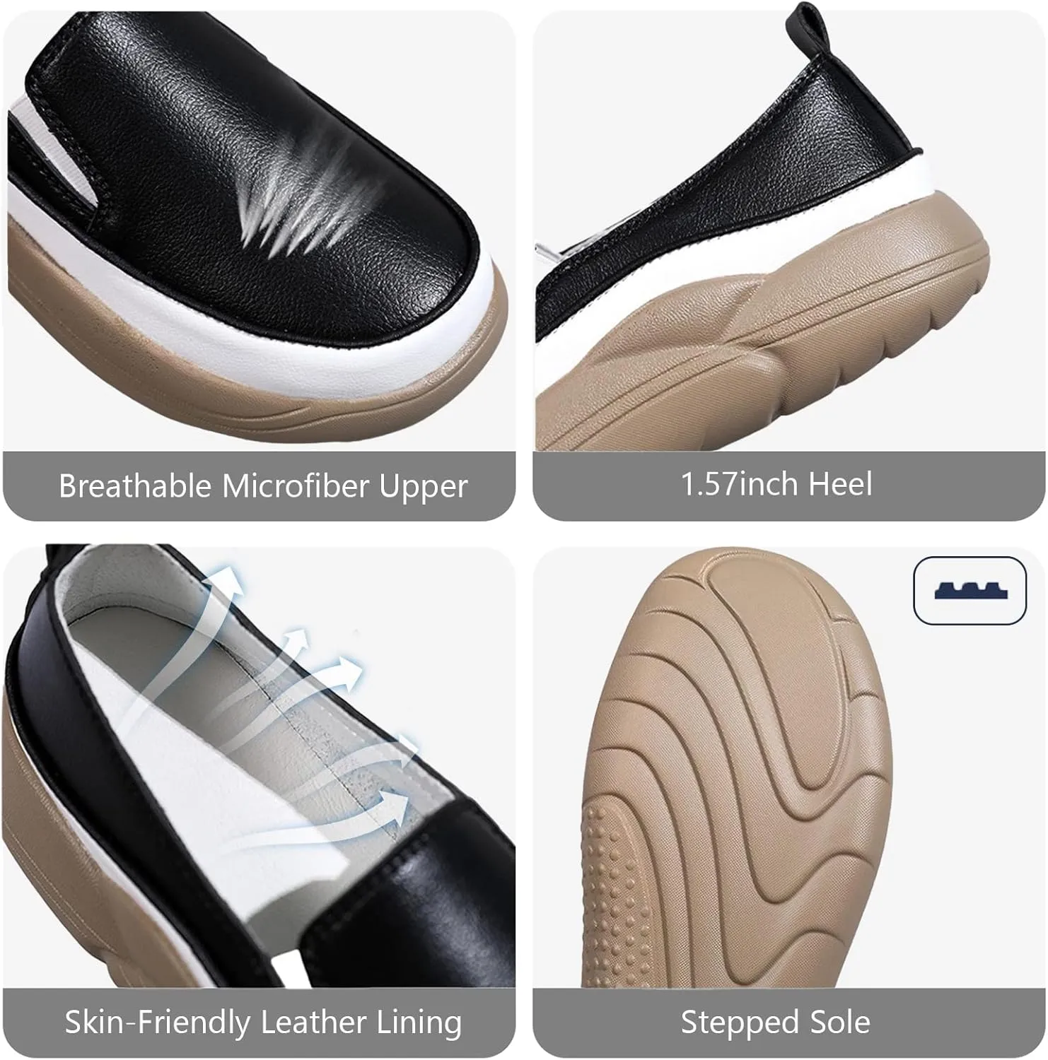 Women's Leather Soft Slip-On Loafers,Round Toe Platform Casual Sneakers,Non-Slip Heighten Low Top Comfortable Walking Loafers