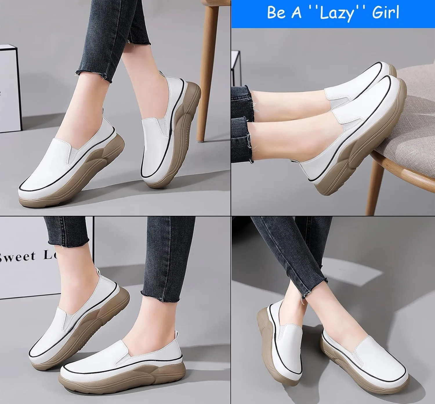 Women's Leather Soft Slip-On Loafers,Round Toe Platform Casual Sneakers,Non-Slip Heighten Low Top Comfortable Walking Loafers