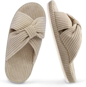 Women's Orthopedic Arch Support Open Toe House Slippers for Plantar Fasciitis Ladies Cozy Memory Foam Bedroom Gift Slippers Fluffy Corduroy Bow Crossband Slide