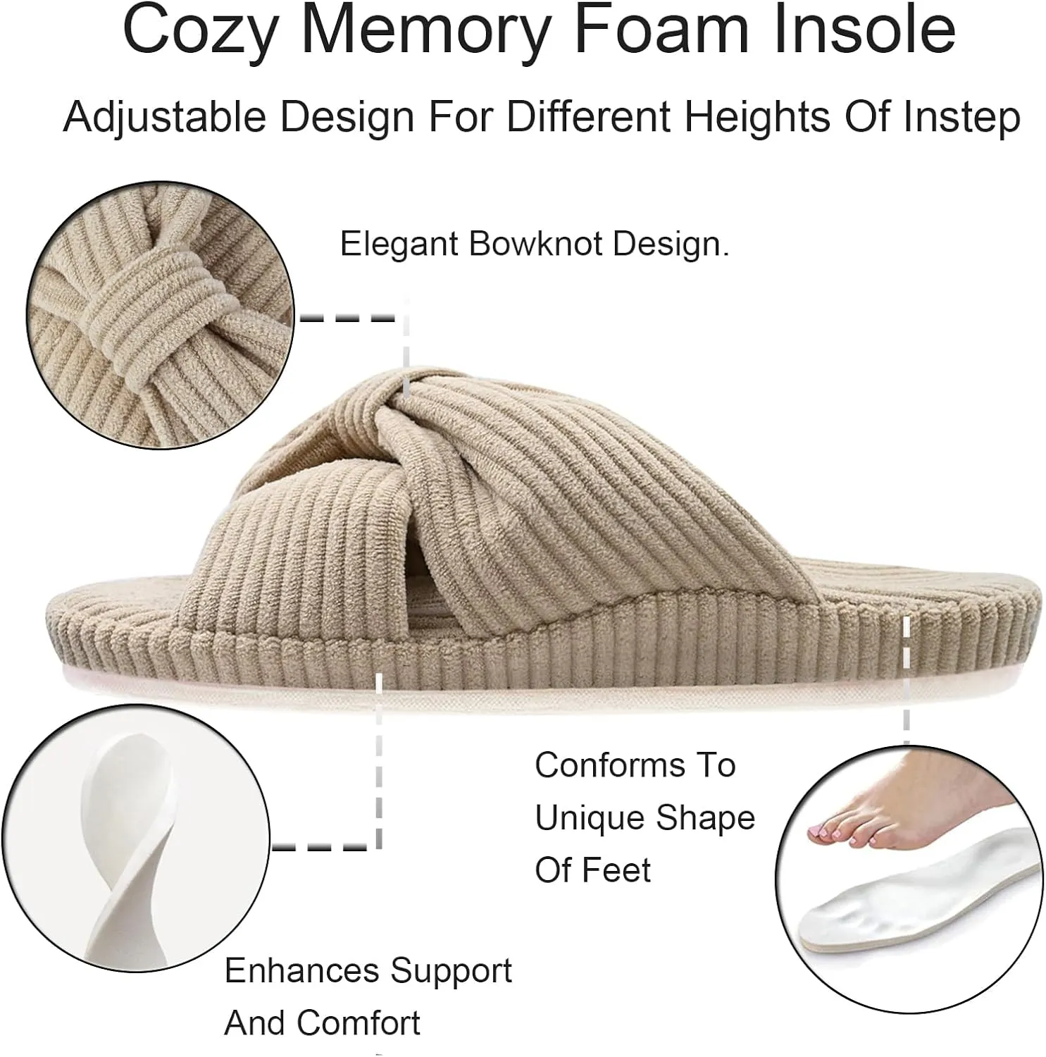 Women's Orthopedic Arch Support Open Toe House Slippers for Plantar Fasciitis Ladies Cozy Memory Foam Bedroom Gift Slippers Fluffy Corduroy Bow Crossband Slide
