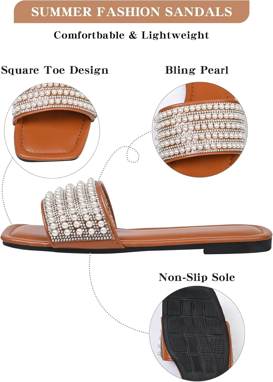 Women's Pearls Decro Flat Glitter Rhinestone Sandals Open Toe Slip On Slippers