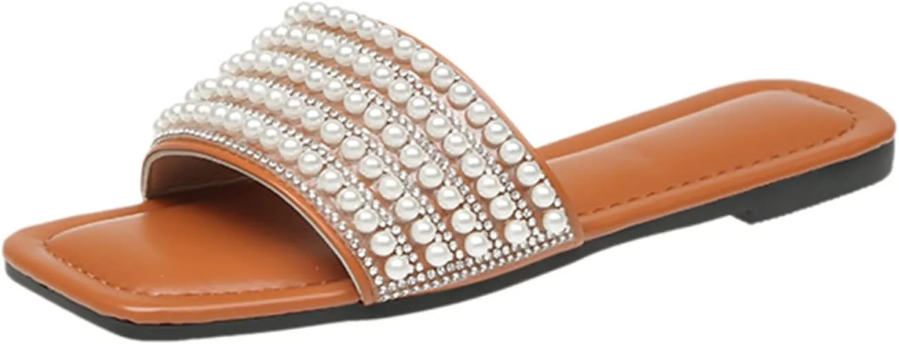 Women's Pearls Decro Flat Glitter Rhinestone Sandals Open Toe Slip On Slippers