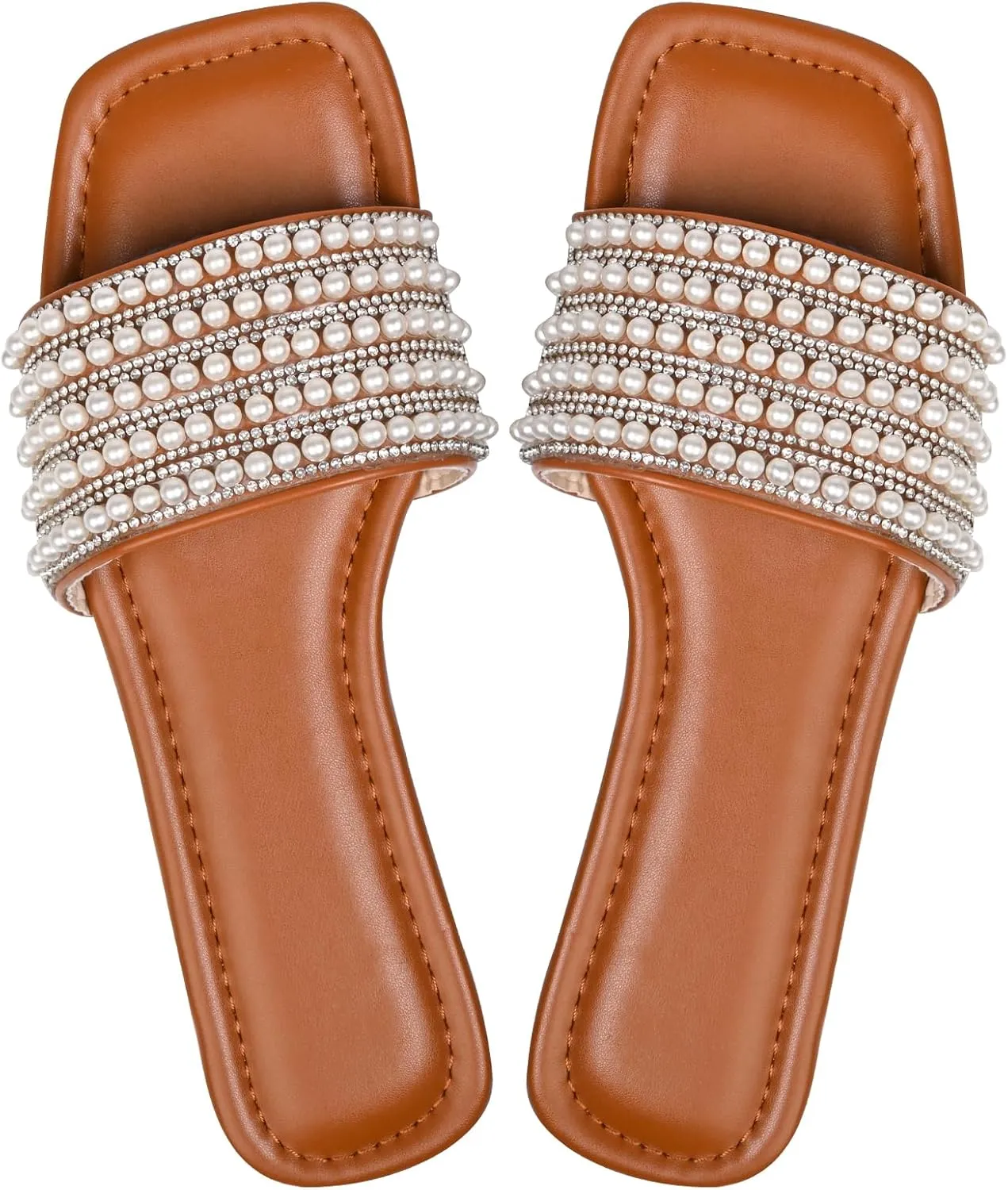 Women's Pearls Decro Flat Glitter Rhinestone Sandals Open Toe Slip On Slippers
