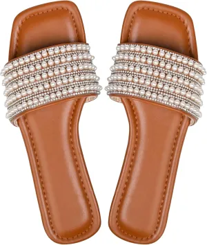 Women's Pearls Decro Flat Glitter Rhinestone Sandals Open Toe Slip On Slippers