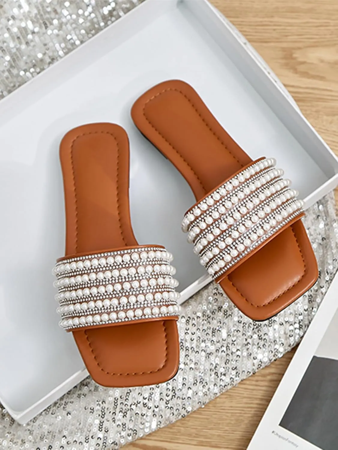 Women's Pearls Decro Flat Glitter Rhinestone Sandals Open Toe Slip On Slippers