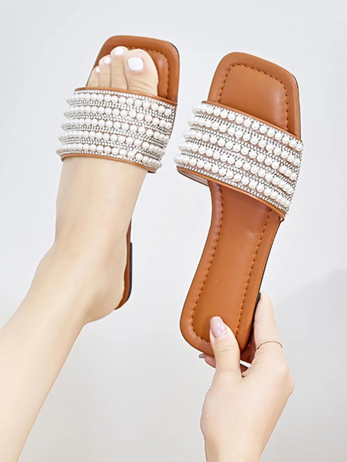 Women's Pearls Decro Flat Glitter Rhinestone Sandals Open Toe Slip On Slippers
