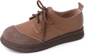 Women's Real Leather Lace-Up Soft Sole Loafers Fashion Round Toe Splicing Comfortable Slip-On Oxford Shoes for Office Work Non-Slip Dress Shoes