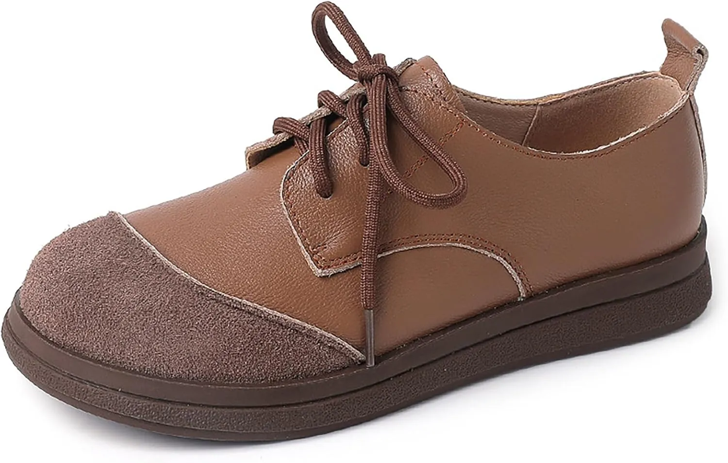 Women's Real Leather Lace-Up Soft Sole Loafers Fashion Round Toe Splicing Comfortable Slip-On Oxford Shoes for Office Work Non-Slip Dress Shoes