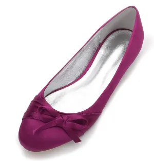 Women's Round Toe Ballet Flat Slip on Bow Tie Satin Wedding Bridal Bridesmaid Shoes