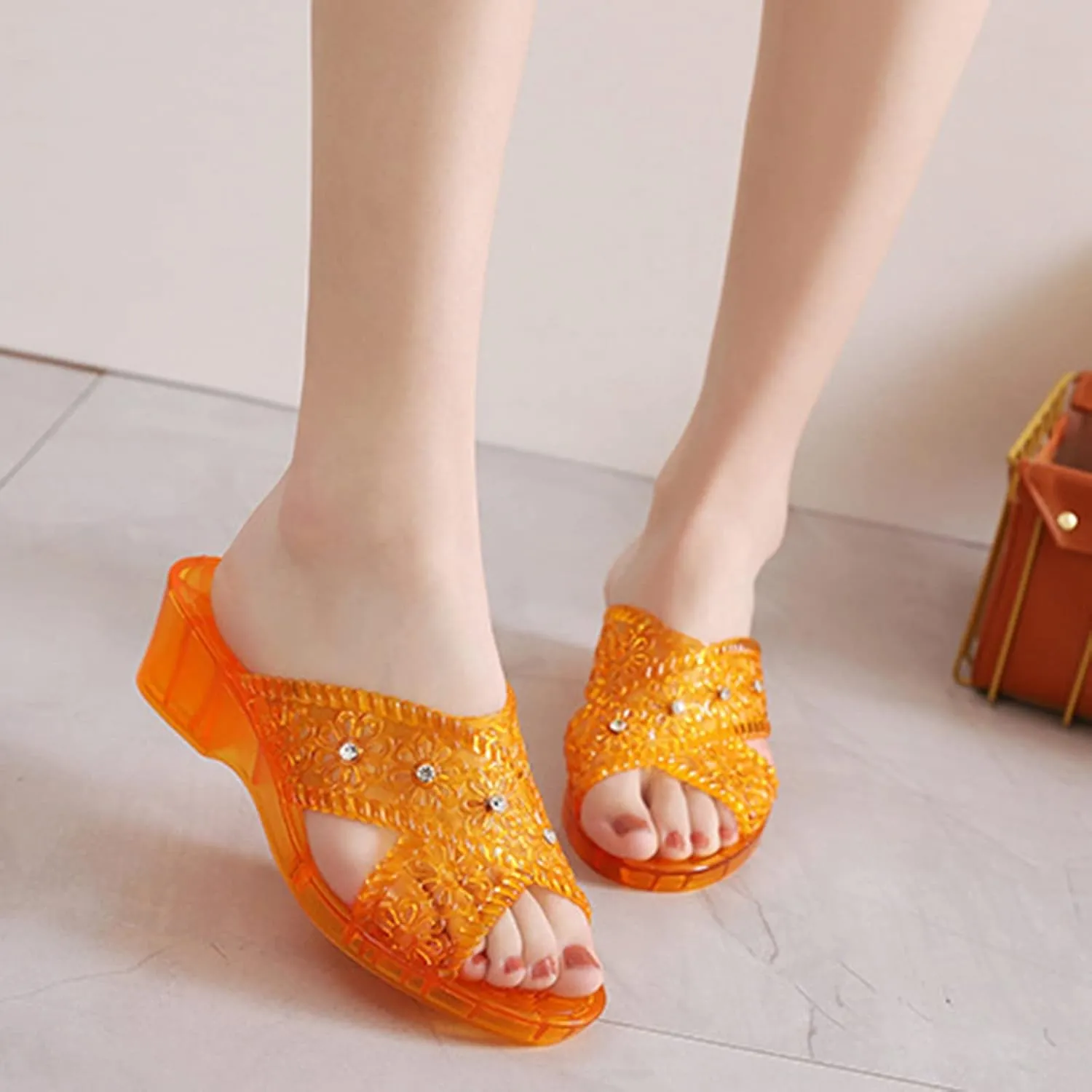 Women's Sandals Plastic Jelly Rhinestone Slippers Medium Heel Flat Thick Sole Casual Shoes Fashion Slippers