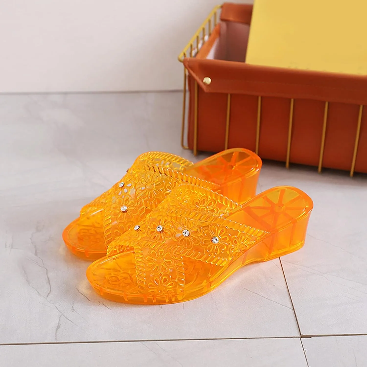 Women's Sandals Plastic Jelly Rhinestone Slippers Medium Heel Flat Thick Sole Casual Shoes Fashion Slippers