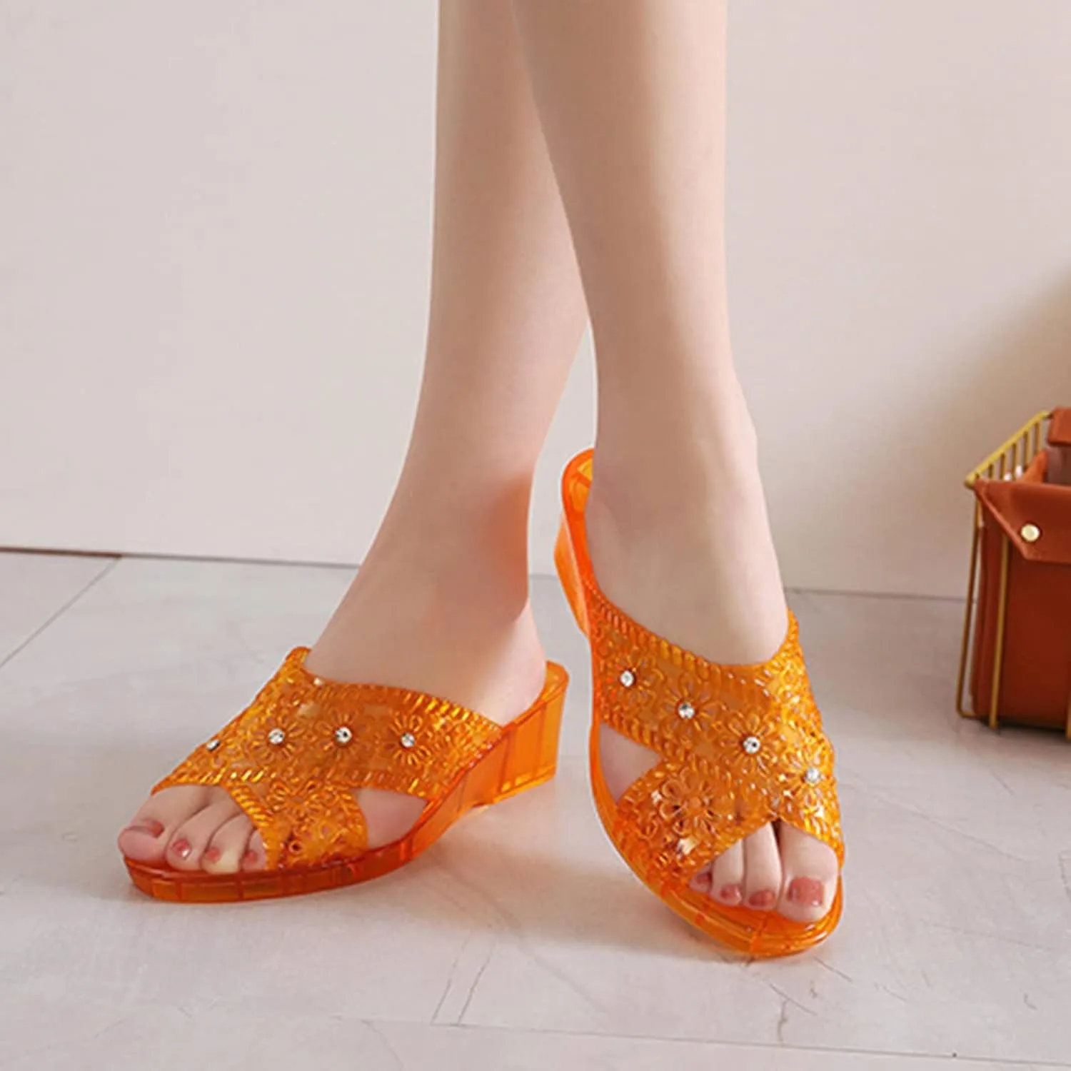 Women's Sandals Plastic Jelly Rhinestone Slippers Medium Heel Flat Thick Sole Casual Shoes Fashion Slippers
