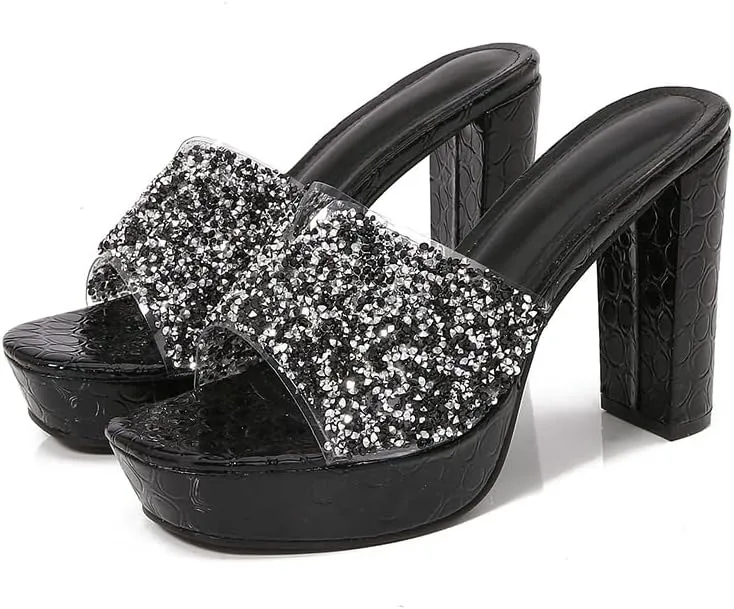Women's Sexy Platform Chunky Heel Mules Glitter Square Open Toe Slip On Dressy High Heel Slide Sandals for Party