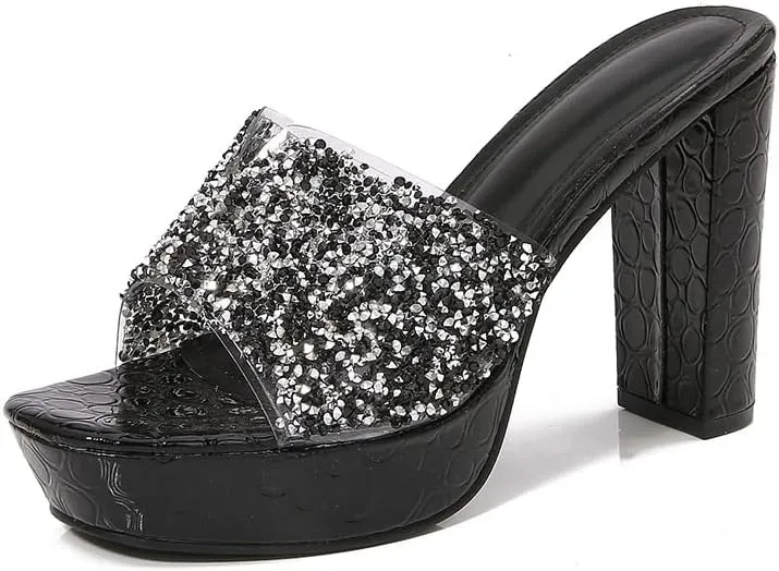 Women's Sexy Platform Chunky Heel Mules Glitter Square Open Toe Slip On Dressy High Heel Slide Sandals for Party