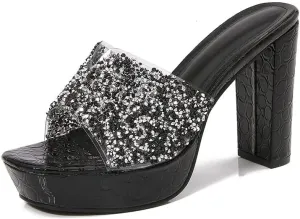 Women's Sexy Platform Chunky Heel Mules Glitter Square Open Toe Slip On Dressy High Heel Slide Sandals for Party