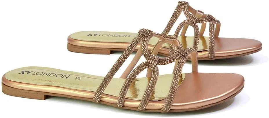 Womens Slip On Flat Sandals Ladies Sparkly Diamante Summer Mule Slider Shoes Size 5-11