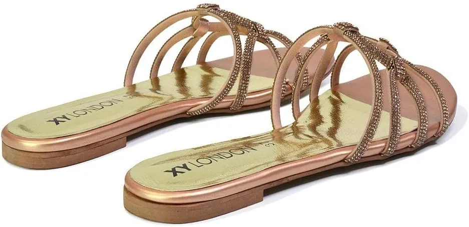 Womens Slip On Flat Sandals Ladies Sparkly Diamante Summer Mule Slider Shoes Size 5-11