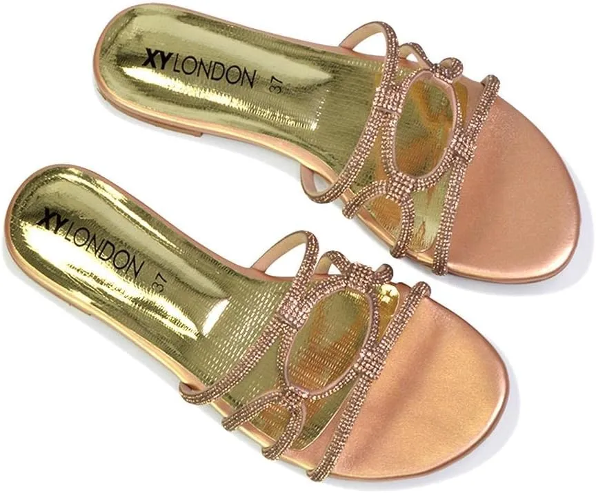 Womens Slip On Flat Sandals Ladies Sparkly Diamante Summer Mule Slider Shoes Size 5-11