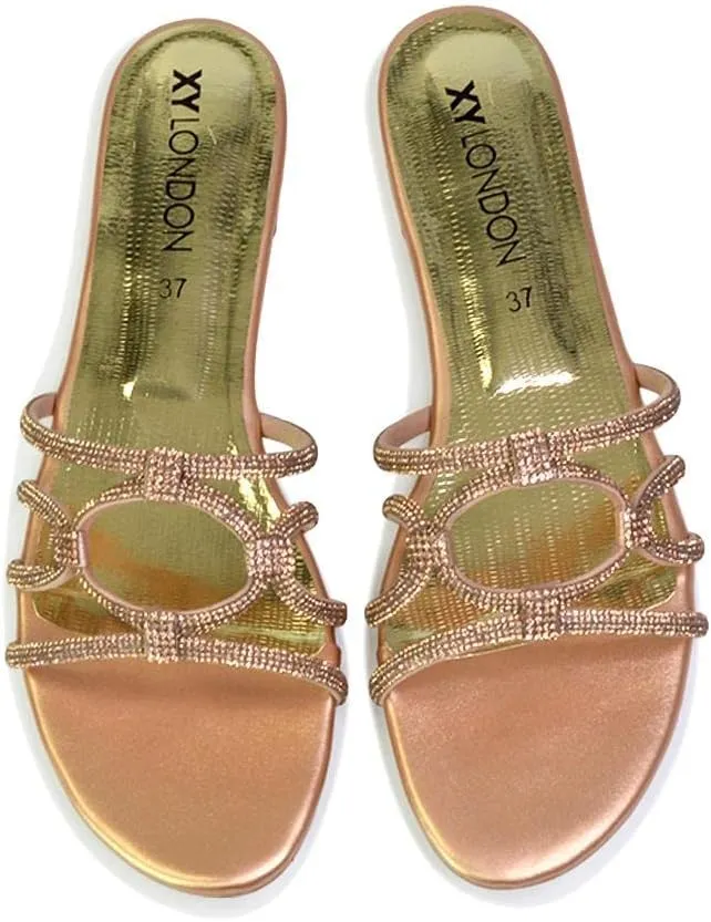 Womens Slip On Flat Sandals Ladies Sparkly Diamante Summer Mule Slider Shoes Size 5-11
