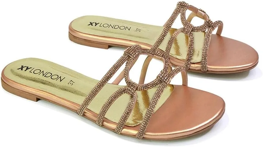 Womens Slip On Flat Sandals Ladies Sparkly Diamante Summer Mule Slider Shoes Size 5-11