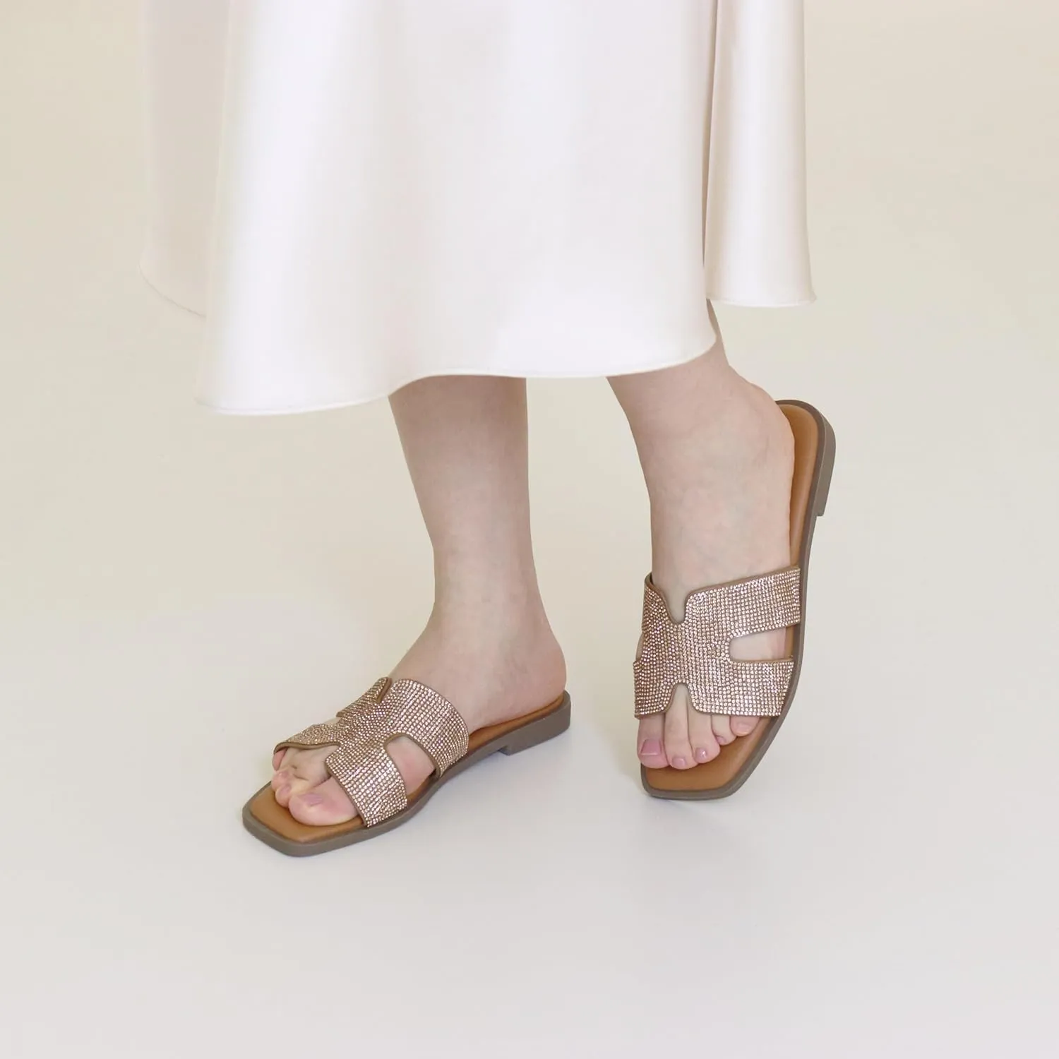 Womens Slip On Flat Sandals Soft Leather Open Toe Slide for Summer Dressy