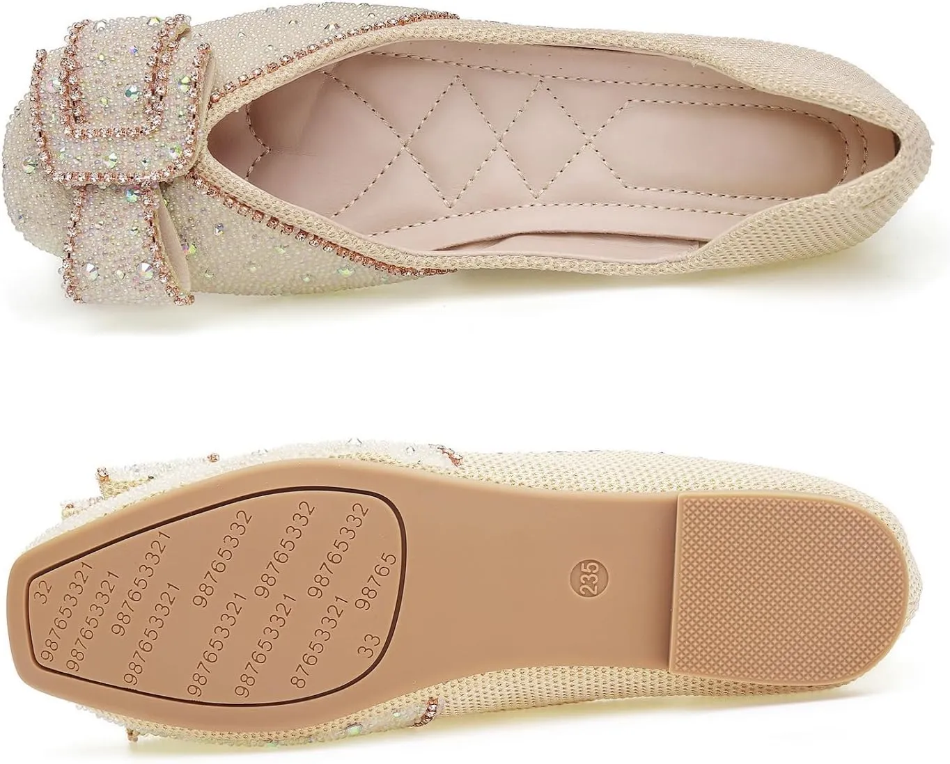 Women's Square Head Flat Shoes Fashion Glittering Rhinestone Bride Wedding Dress Shoes Comfortable Non Slip Slip on Walking Shoes