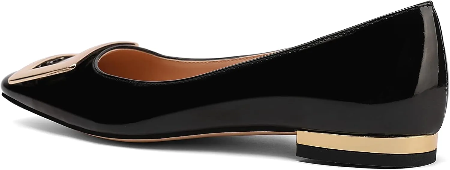 Women's Square Toe Gold Metal Buckle Pumps Patent Leather Slip On Flat Shoes