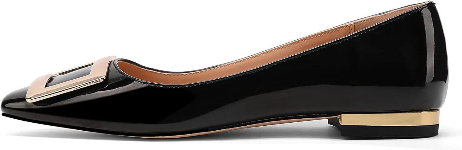 Women's Square Toe Gold Metal Buckle Pumps Patent Leather Slip On Flat Shoes