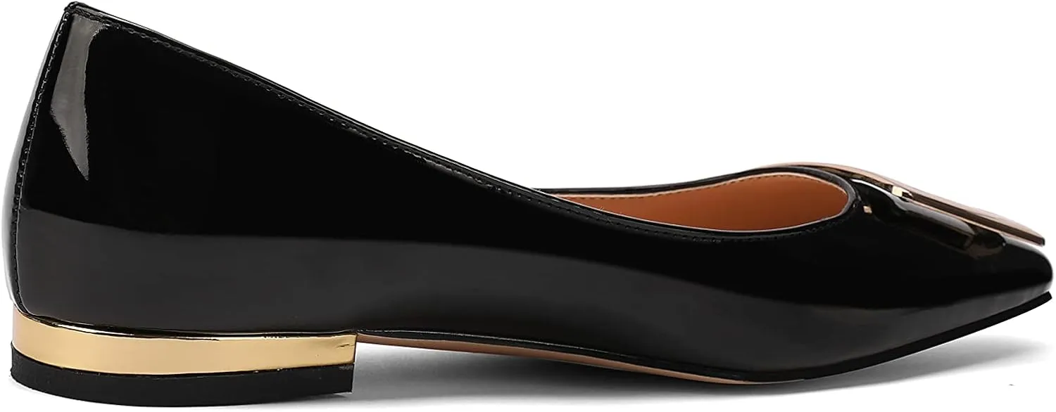 Women's Square Toe Gold Metal Buckle Pumps Patent Leather Slip On Flat Shoes