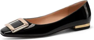 Women's Square Toe Gold Metal Buckle Pumps Patent Leather Slip On Flat Shoes