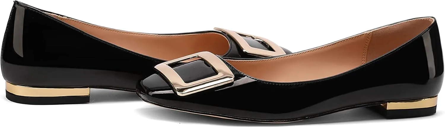 Women's Square Toe Gold Metal Buckle Pumps Patent Leather Slip On Flat Shoes