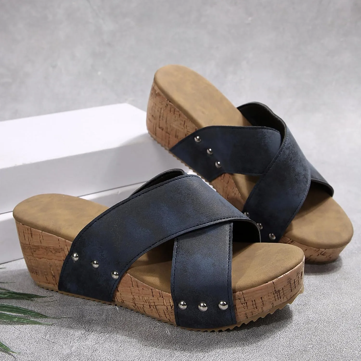 Women's Summer Cork Slide Sandals Slip on with Studded Footbed Open Toe Slippers Criss Cross Wedge Sandals